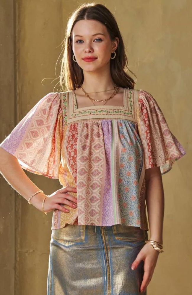 Printed Square Neck Open Sleeve Top