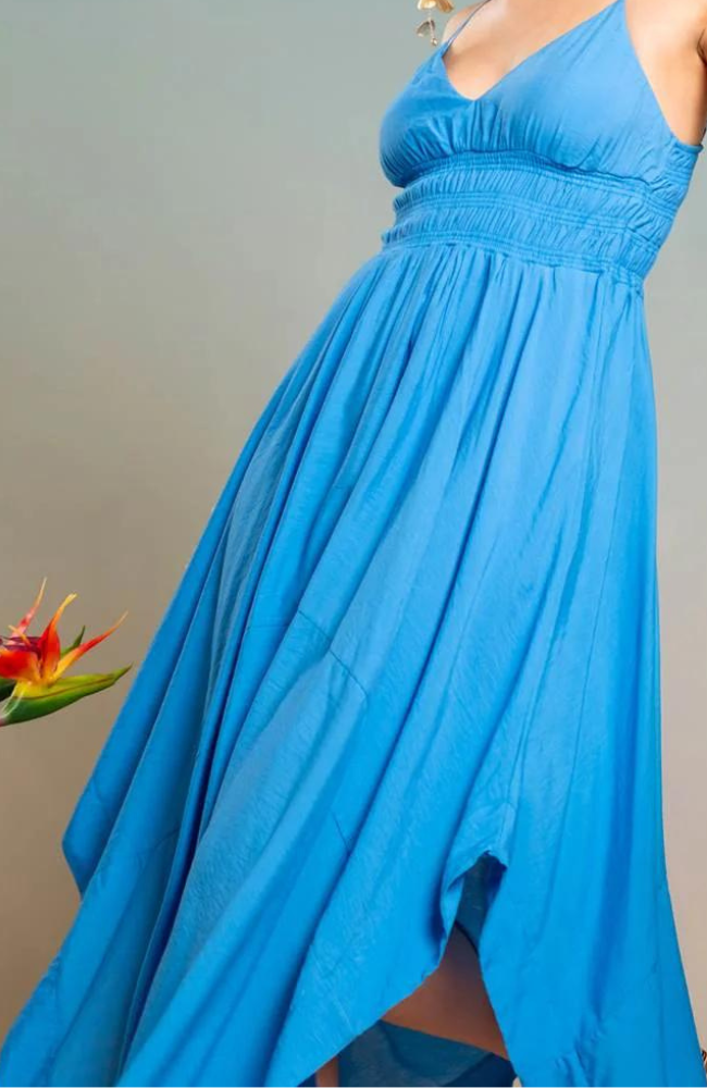 Blue V-Neck Handkerchief Dress