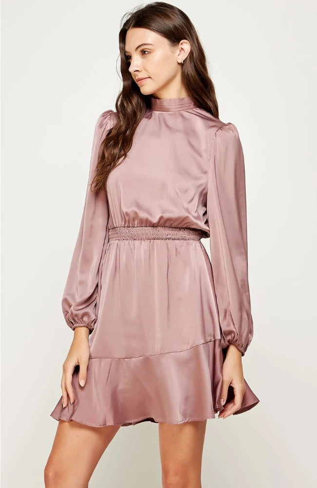 knee length dresses for ladies CINDERELLA DIVINE 7475 Long Sleeve V-Neck Satin Dress with High Slit – The  Gown Galleria main image 1