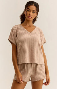 Harper Rib V-Neck Top in Iced Latte