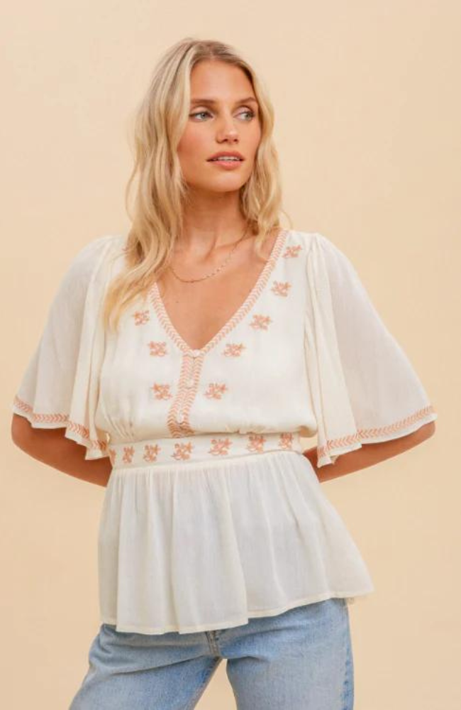 Embroidered Flutter Sleeve Top