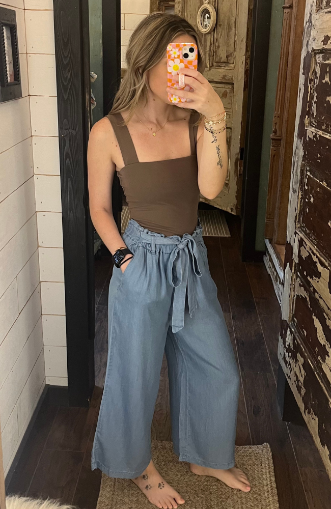 Chambray Wide Leg Crop Pants
