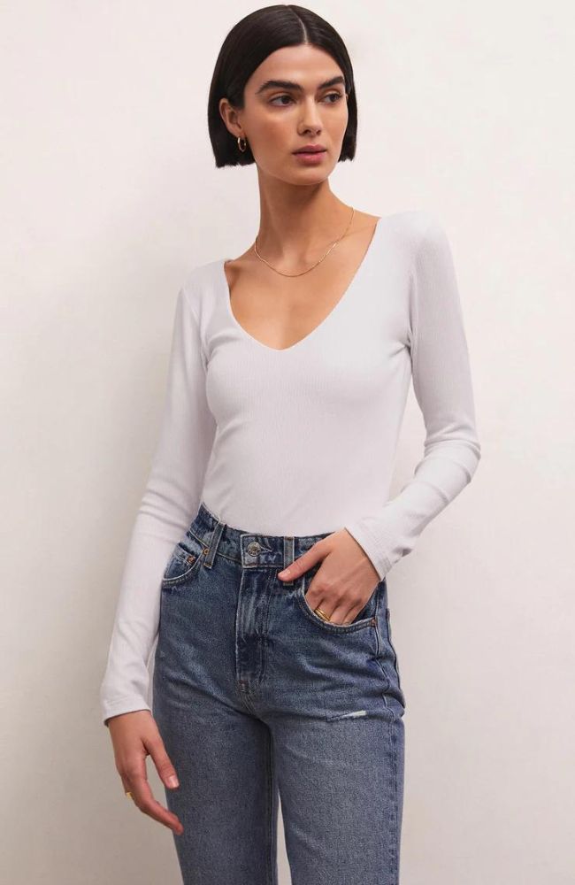 Aden V-Neck Rib Long Sleeve Top