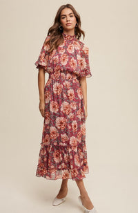 Floral Print Mock Neck Ruffled Maxi Dress