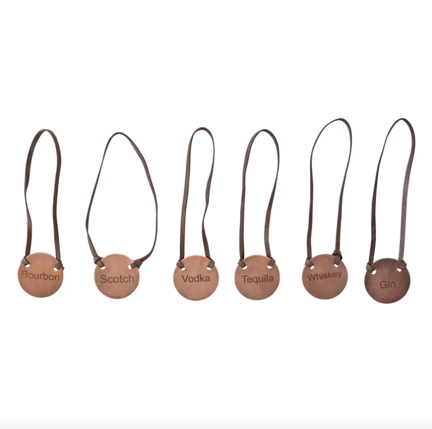 Set of 6 Metal Bottle Tag w/ Leather Tie