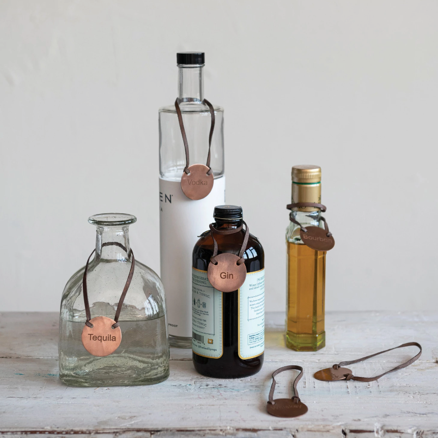 Set of 6 Metal Bottle Tag w/ Leather Tie