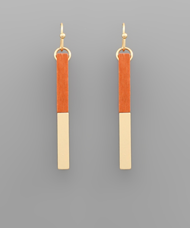Dark Orange Wood & Metal Bar Earrings
