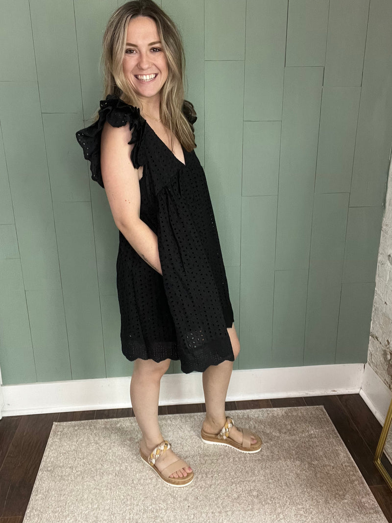 Black Eyelet Ruffled Romper