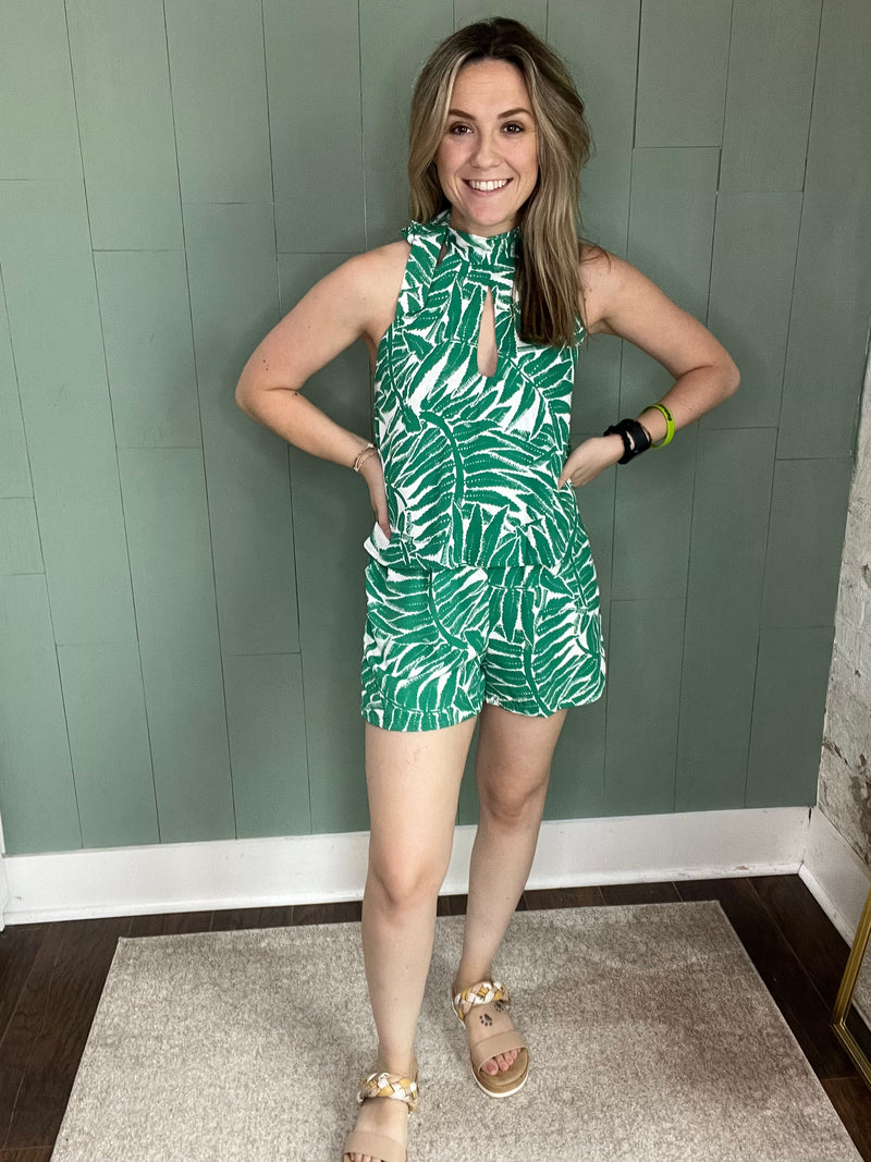 Leaf Print Halter Romper