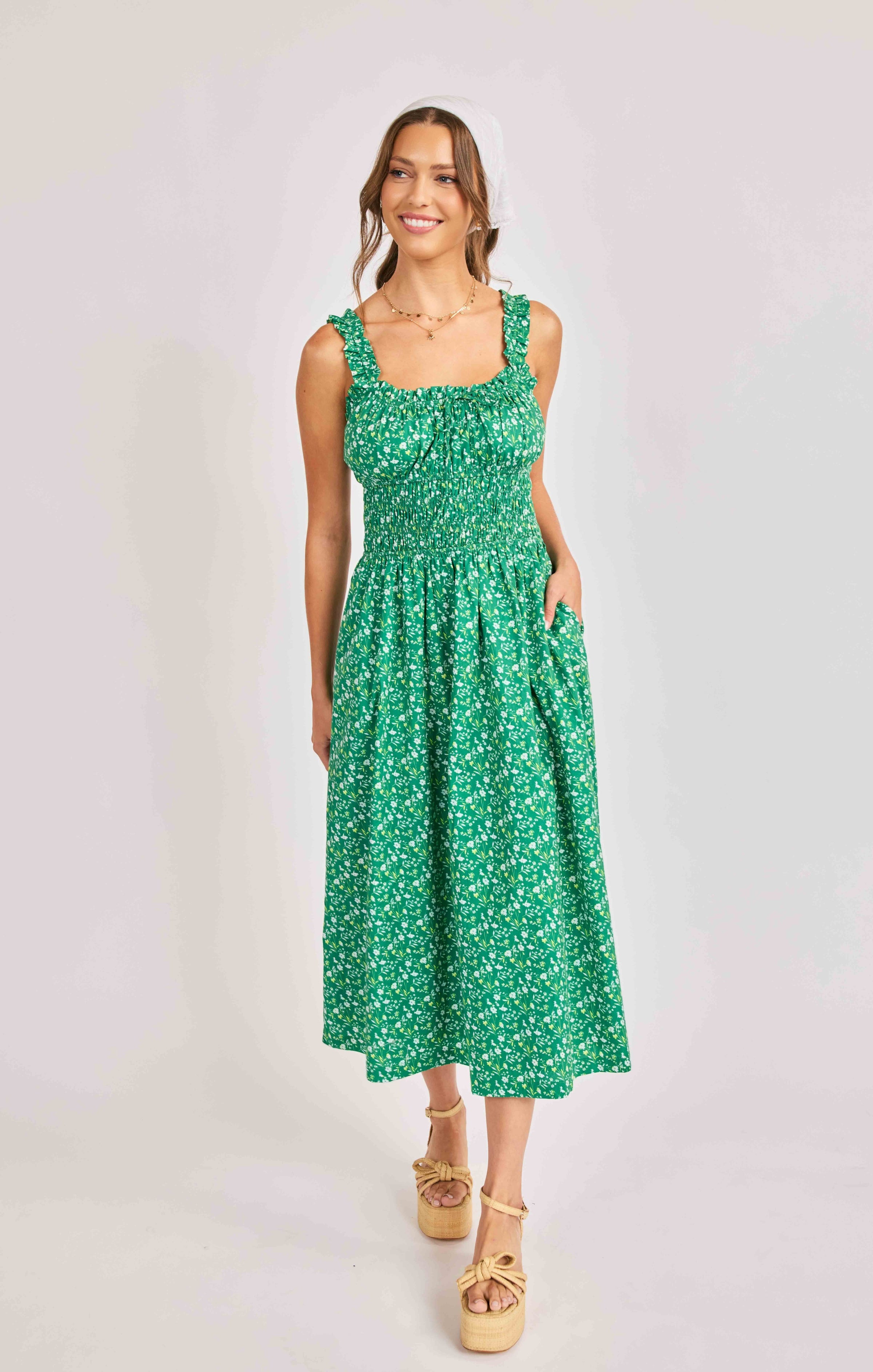 Sun Escape Shirred Waist Midi Dress