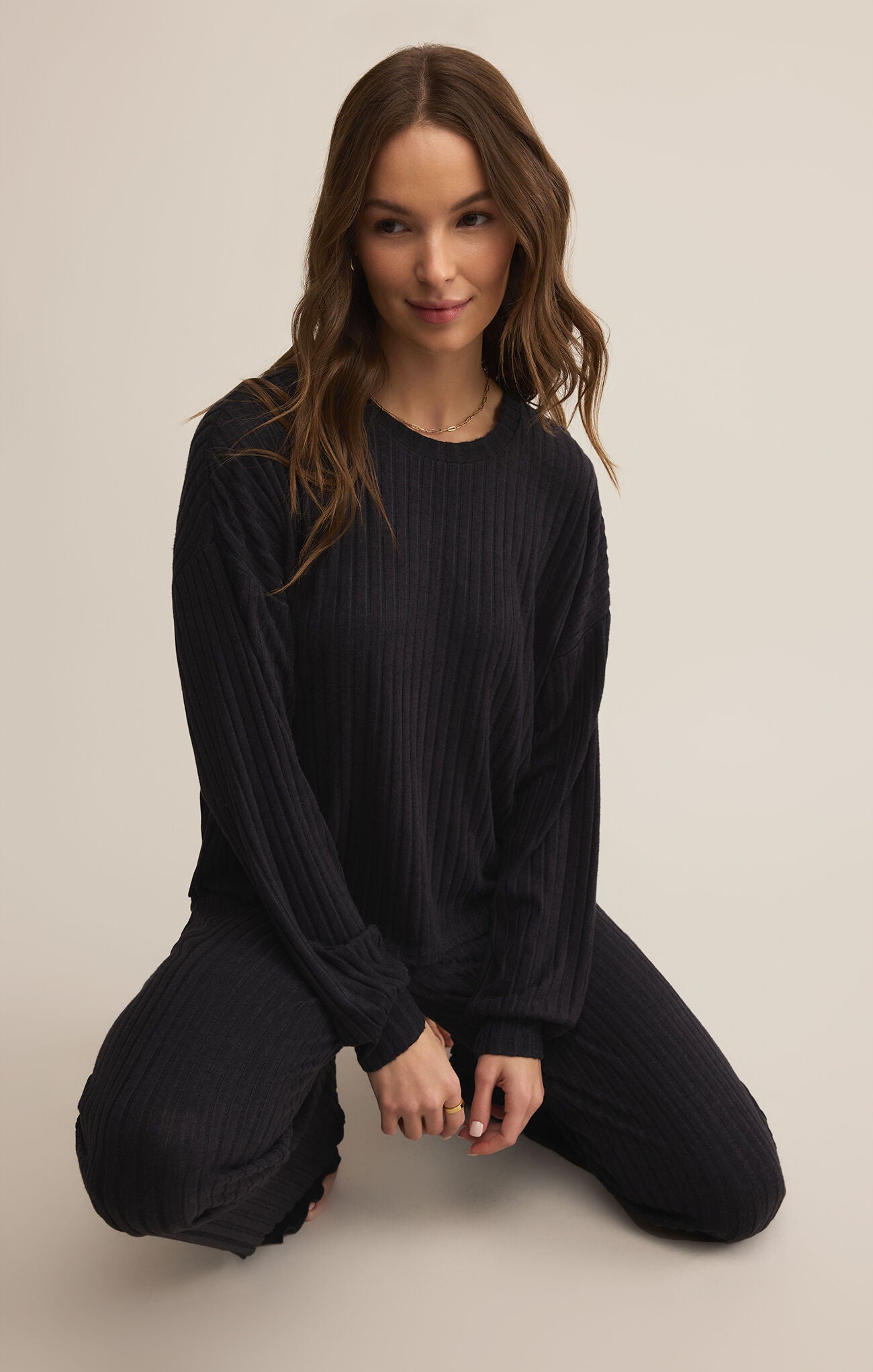 Dawn Smocked Rib Pant- Black Sand