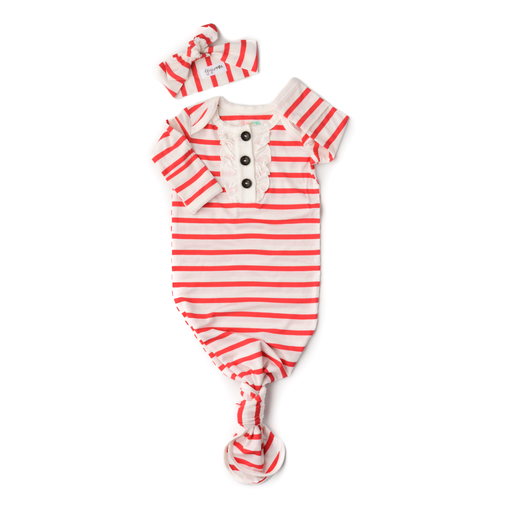 Coral and White Stripe Knotted Ruffle Button Gown
