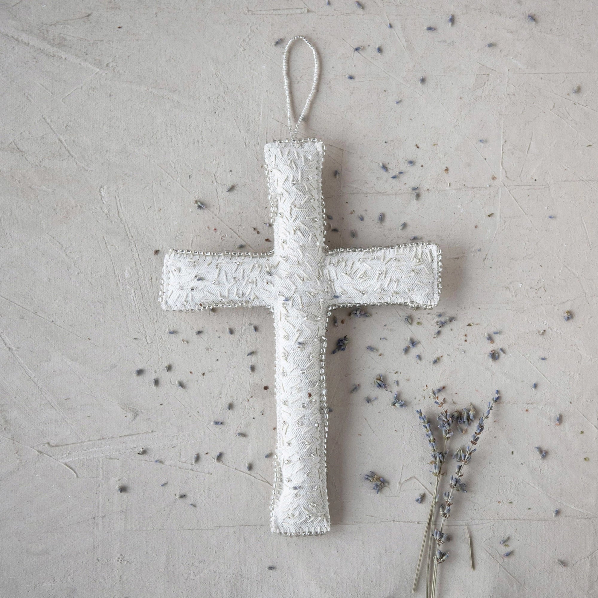 Handmade Recycled Fabric Cross with Glass Beads